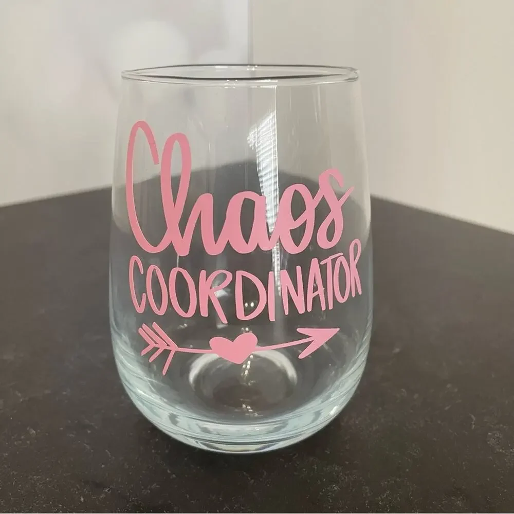 “Chaos Coordinator” Handmade Vinyl Wine Glass Design Stemless 17oz Pink